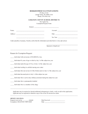 Lebanon County School District Per Capita Tax Exemption Request Form
