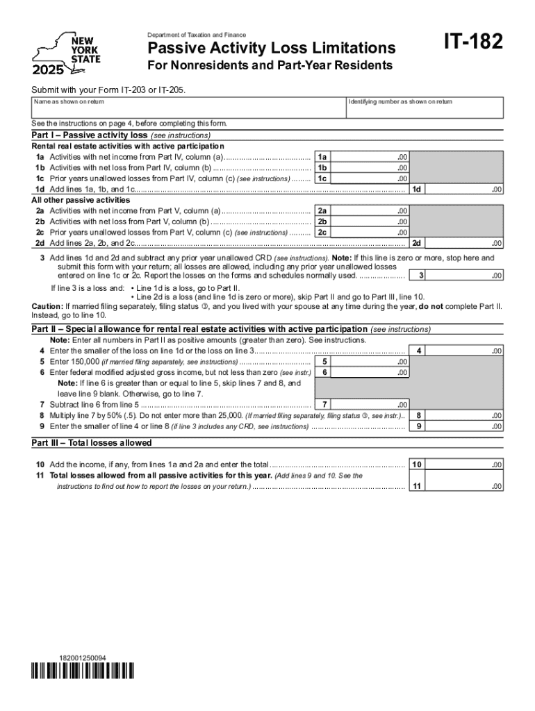 New York Passive Activity Loss Form IT-182 Preview on Page 1