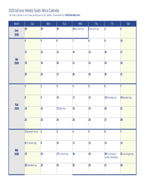 2026 South Africa Calendar