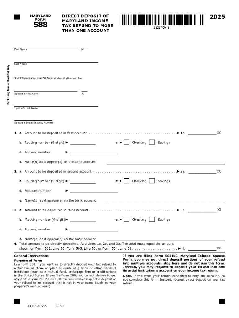 2025 Maryland Form 588 Direct Deposit of Maryland Income Tax Refund to More Than One Account Preview on Page 1