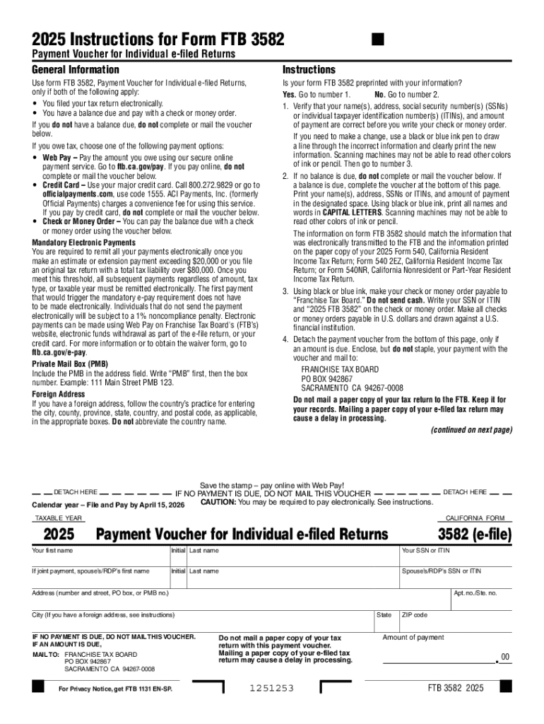 California Form FTB 3582 Payment Voucher Preview on Page 1