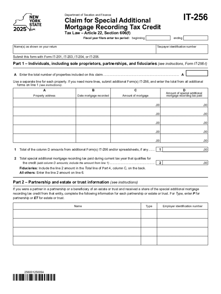 Form IT-256 Claim for Special Additional Mortgage Recording Tax Credit Tax Year 2025 Preview on Page 1
