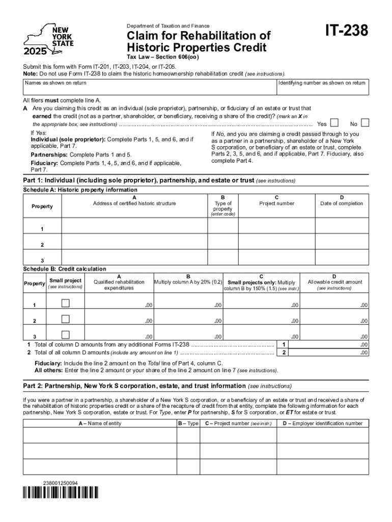 Form IT-238 Claim for Rehabilitation of Historic Properties Credit Tax Year 2025 Preview on Page 1