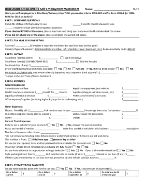 Rideshare Delivery Self-Employment Worksheet
