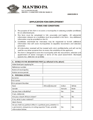Mantsopa Municipality Employment Application