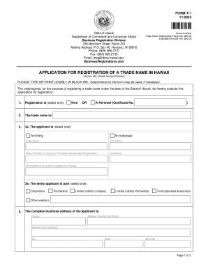 Hawaii Trade Name Registration Form T-1