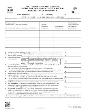 Hawaii Form N-884 Vocational Rehabilitation Referrals Credit