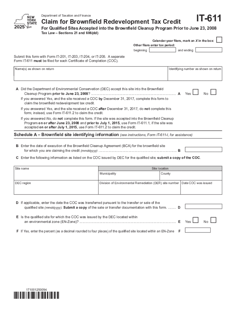 Form IT-611 Claim for Brownfield Redevelopment Tax Credit Tax Year 2025 Preview on Page 1