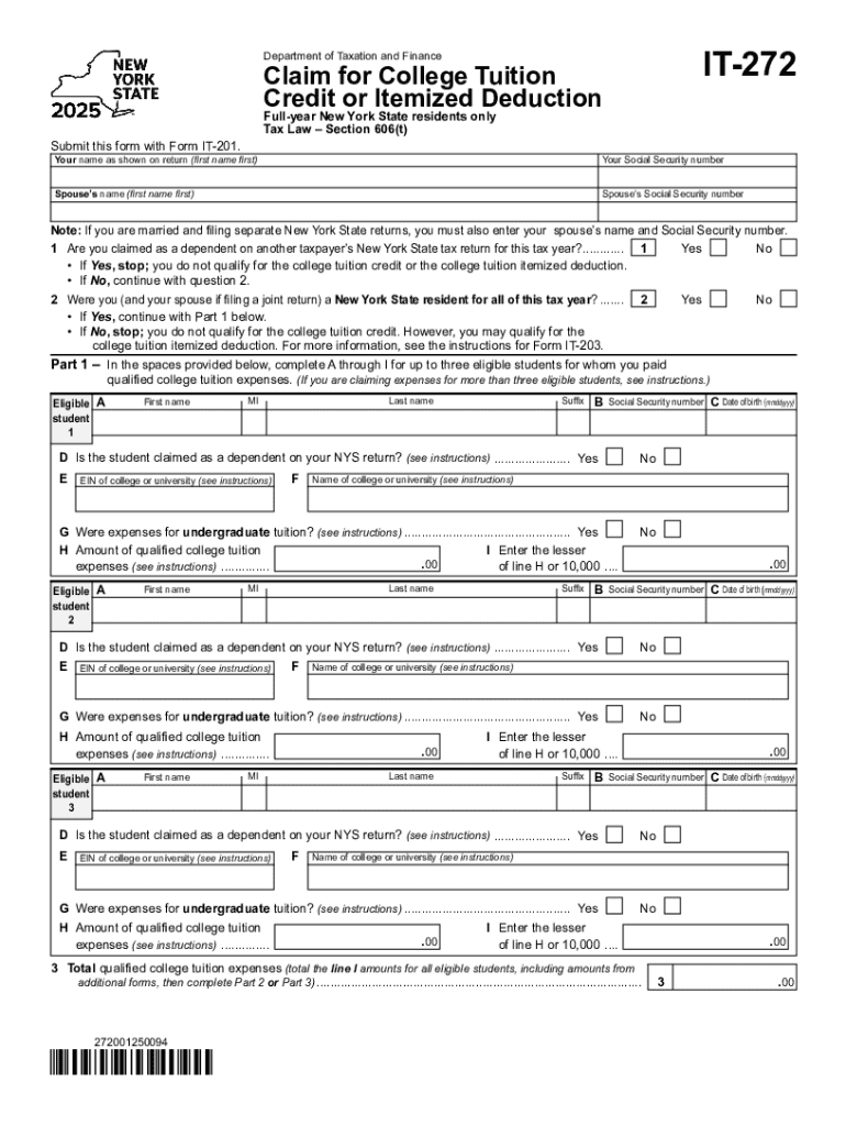 Form IT-272 Claim for College Tuition Credit or Itemized Deduction Tax Year 2025 Preview on Page 1