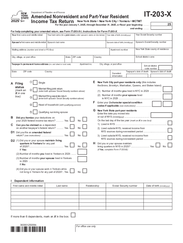 Form IT-203-X Amended Nonresident and Part-Year Resident Income Tax Return Tax Year 2025 Preview on Page 1