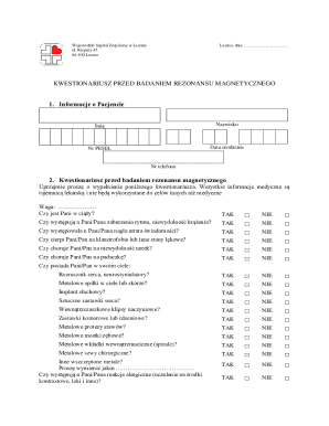 Medical MRI Questionnaire Form