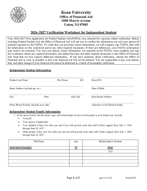 2026–2027 Verification Worksheet for Independent Student