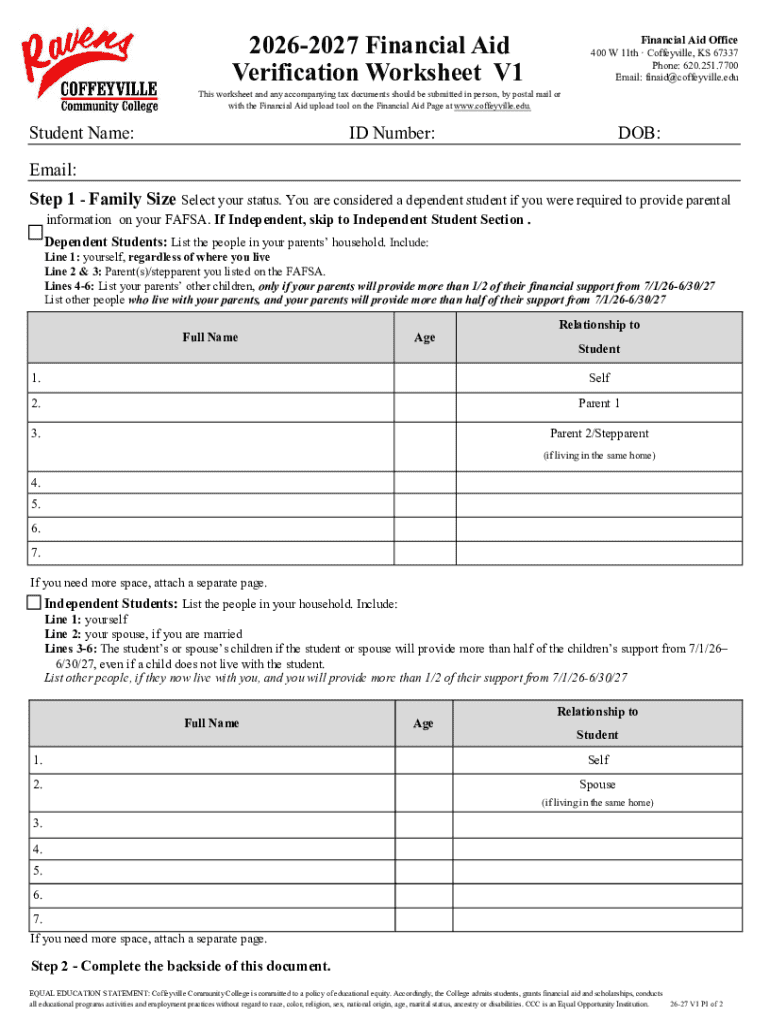 2026-2027 Financial Aid Verification Worksheet - Blank Fillable ...