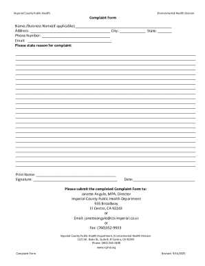 Imperial County Public Health Environmental Health Division Complaint Form