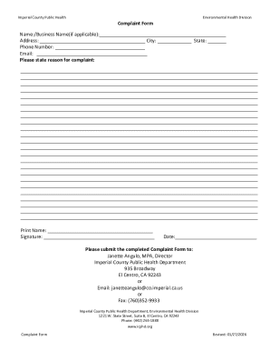 Imperial County Public Health Environmental Health Division Complaint Form
