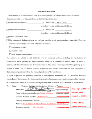 Letter of Authorization for Customs Clearance
