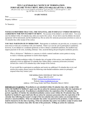 Hawaii Ten Calendar Day Notice of Termination for Failure to Pay Rent