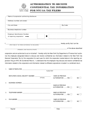 Authorization to Receive Confidential Tax Information for NYC-3A Tax Filers