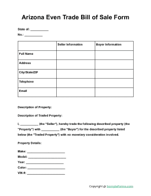Arizona Even Trade Bill of Sale Form