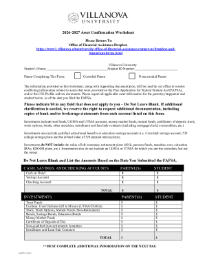 Villanova University Asset Confirmation Worksheet