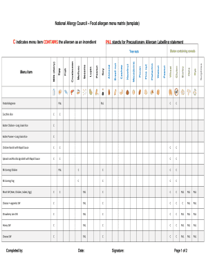 Food Allergen Menu Matrix Template