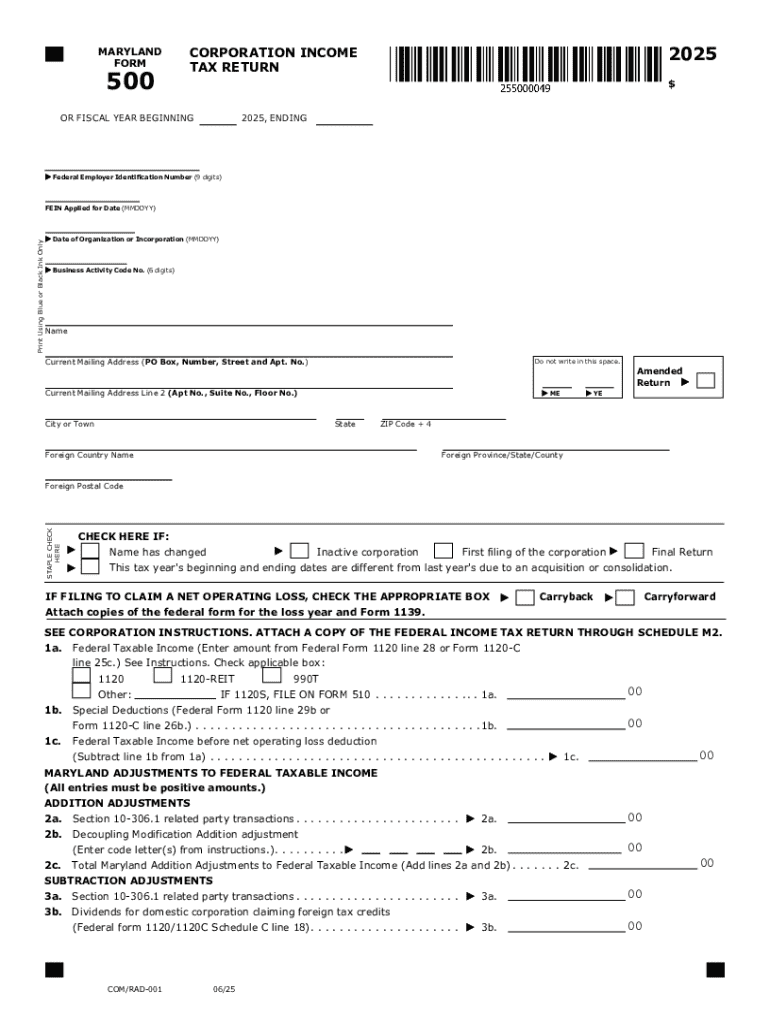 2025 Maryland Form 500 Corporation Income Tax Return Tax Year 2025 Form 500 Preview on Page 1
