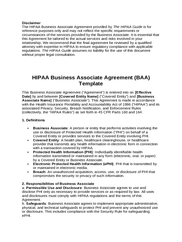 HIPAA Business Associate Agreement Template - Blank Fillable Template ...
