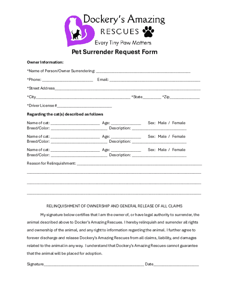 Animal Surrender Form Basic Pet Surrender Request Form - Blank Fillable Template | Fill Out, Print ...