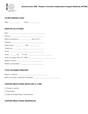 Questionnaire IRM - Réseau Francilien Indépendant Imagerie Médicale