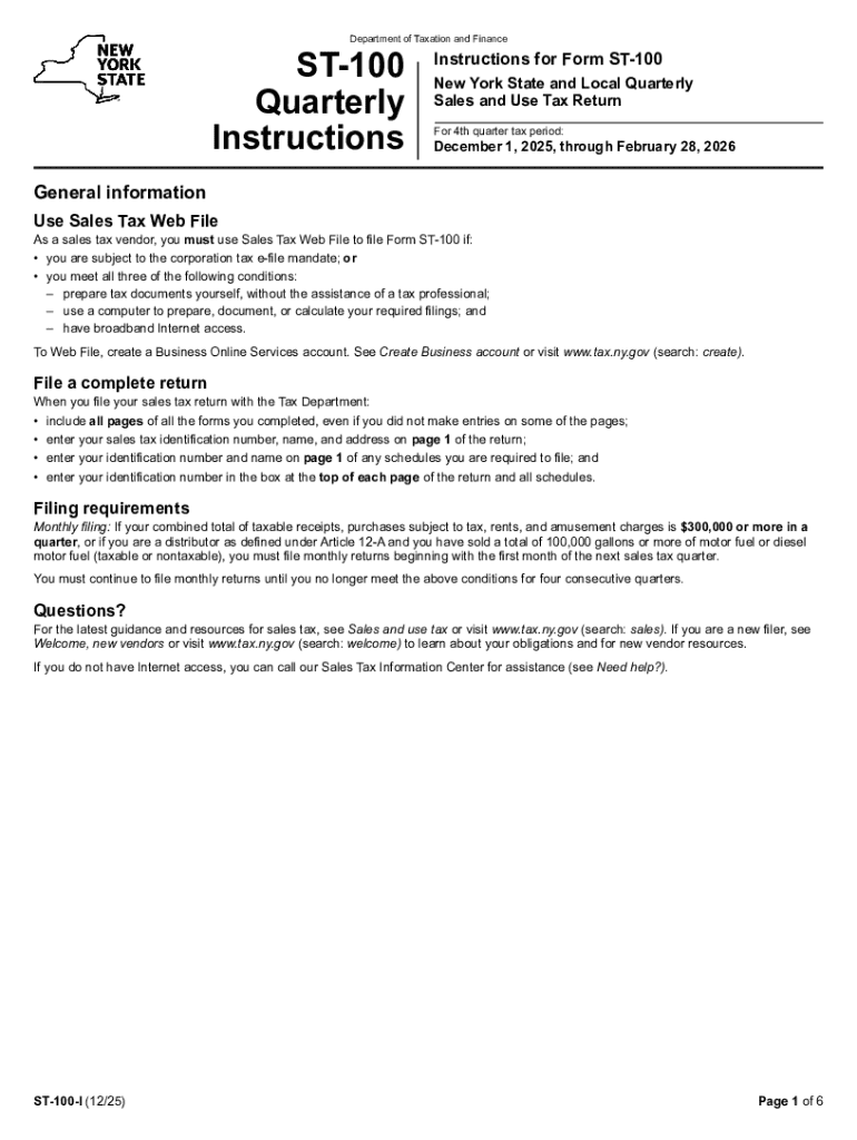 Instructions for Form ST-100 New York State and Local Quarterly Sales and Use Tax Return Revised 12  Preview on Page 1