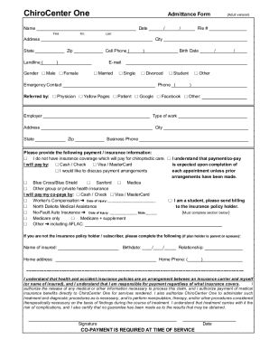 ChiroCenter One Admittance Form
