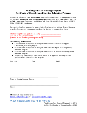 Washington State Nursing Program Certificate of Completion