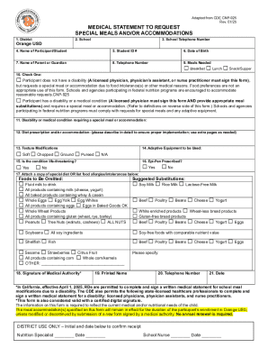 California Special Meal Request Form