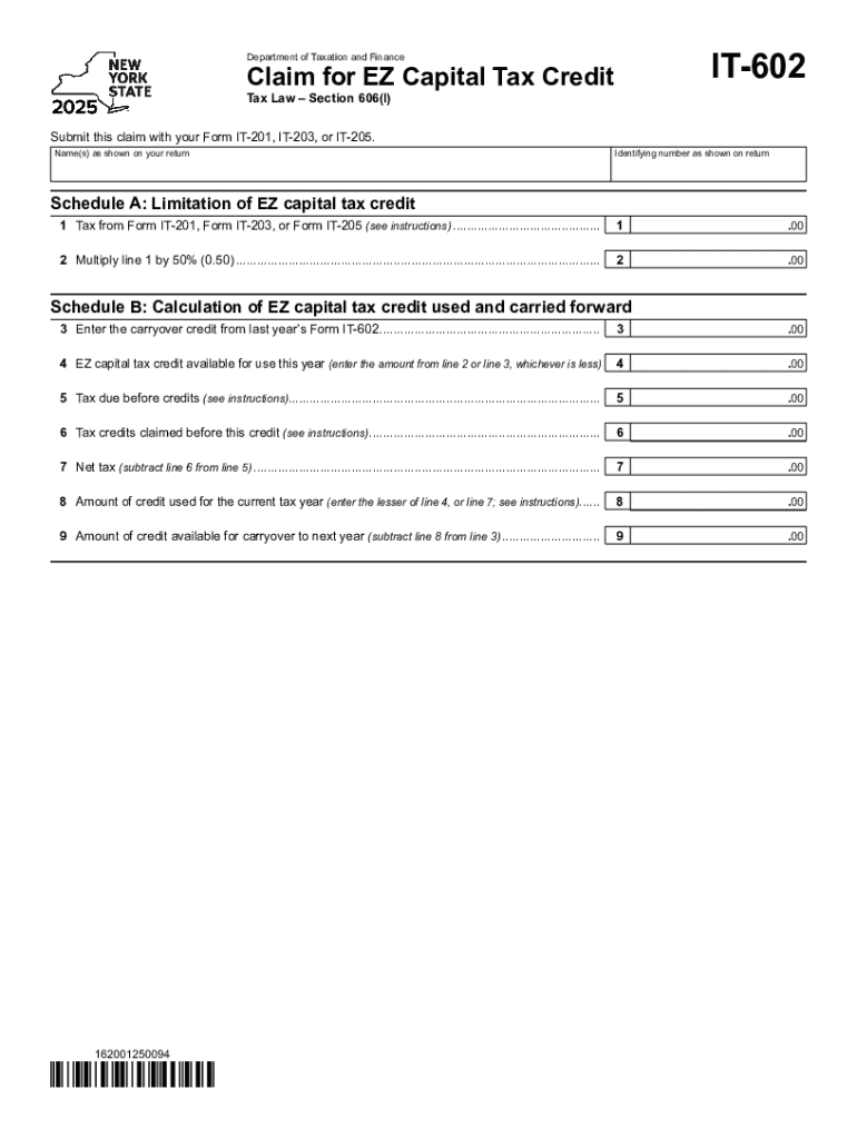 Instructions for Form IT-602, Claim for EZ Capital Tax Credit Preview on Page 1
