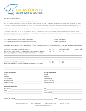 Certificate of Transfer of Ownership for Dogs