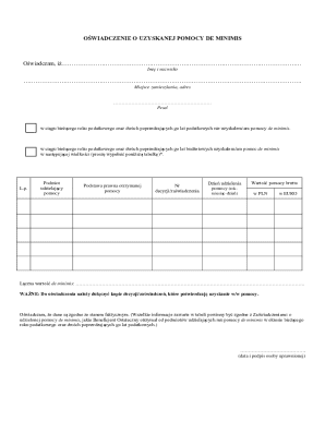 Oświadczenie o Uzyskanej Pomocy De Minimis