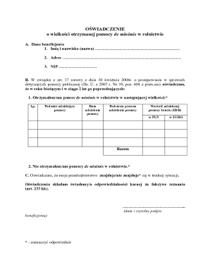 Oświadczenie o Wielkości Otrzymanej Pomocy De Minimis w Rolnictwie