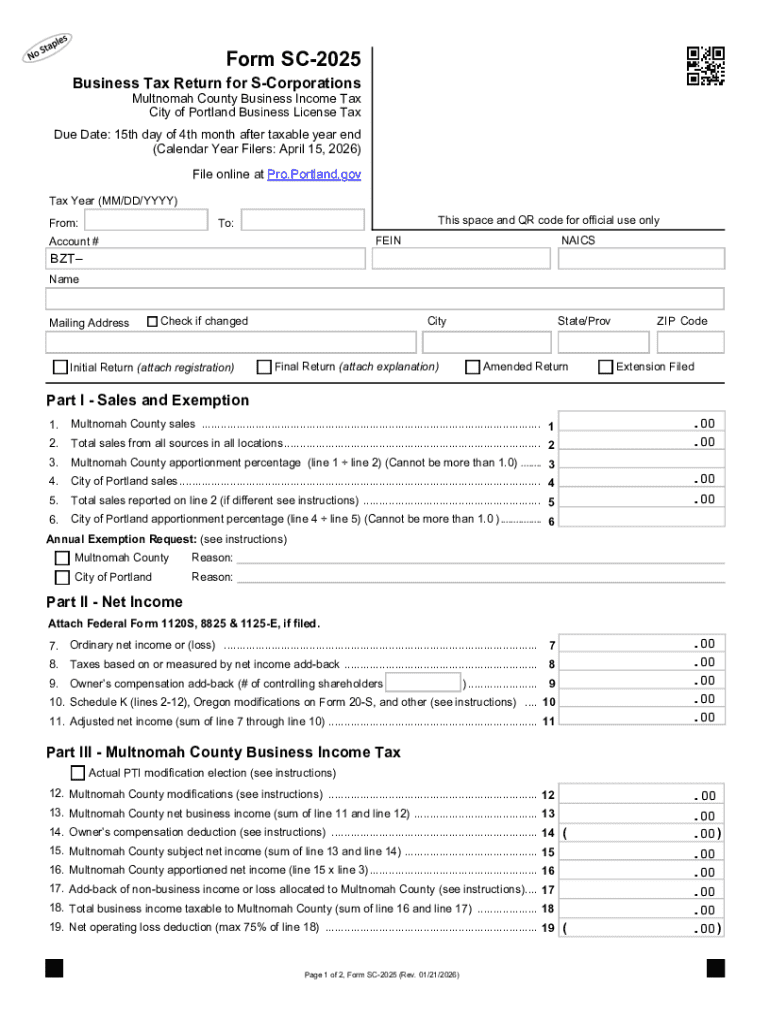 Form SC-2025 Business Tax Return for S-Corporations - Blank Fillable ...