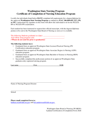 Washington State Nursing Program Certificate of Completion