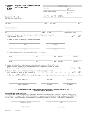 Maryland Request for Certification of Tax Filings