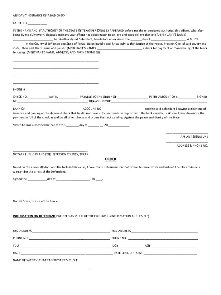 Affidavit Issuance of a Bad Check - Blank Fillable Template | Fill Out ...