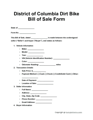 District of Columbia Dirt Bike Bill of Sale Form