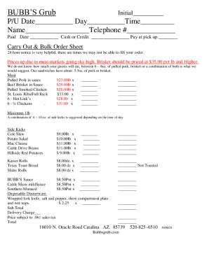 BUBB’S Grub Carry Out & Bulk Order Sheet
