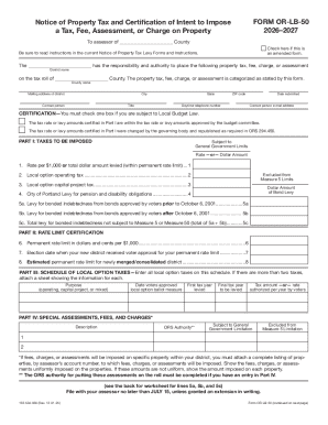 Form OR-LB-50, Notice of Property and Certification of Intent to Impose a Tax, Fee, Assessment, or Charge on Property, Local Budget LawMunicipal Corporations 150-504-050