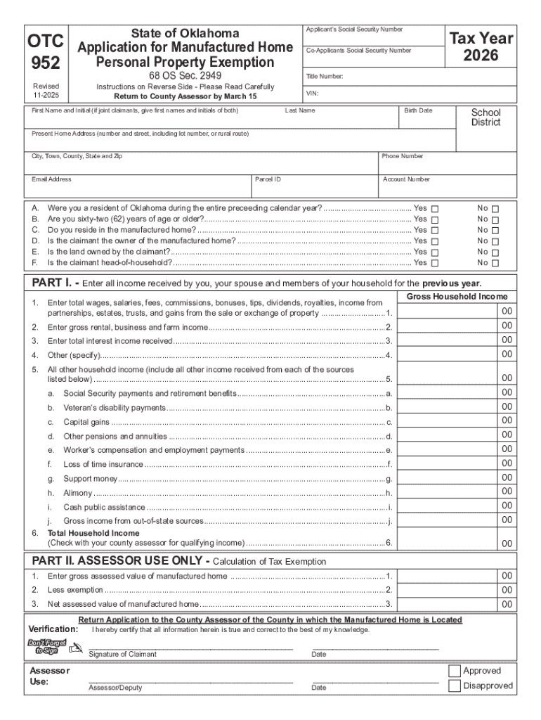 Form 952 Manufactured Home Personal Property Exemption Preview on Page 1