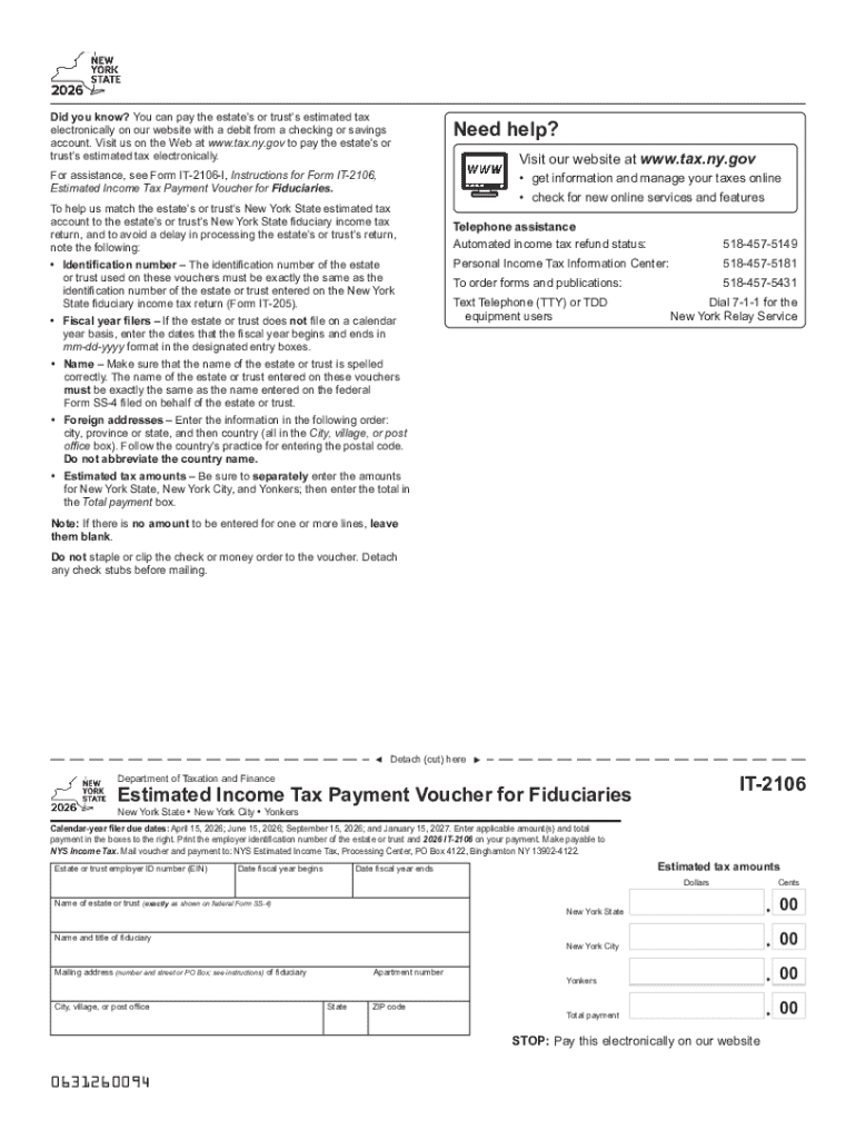 Form IT-2106 Estimated Income tax Payment Voucher for Fiduciaries Tax Year 2026 Preview on Page 1