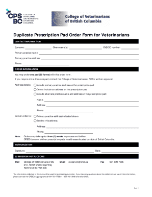 Veterinarian Prescription Pad Order Form