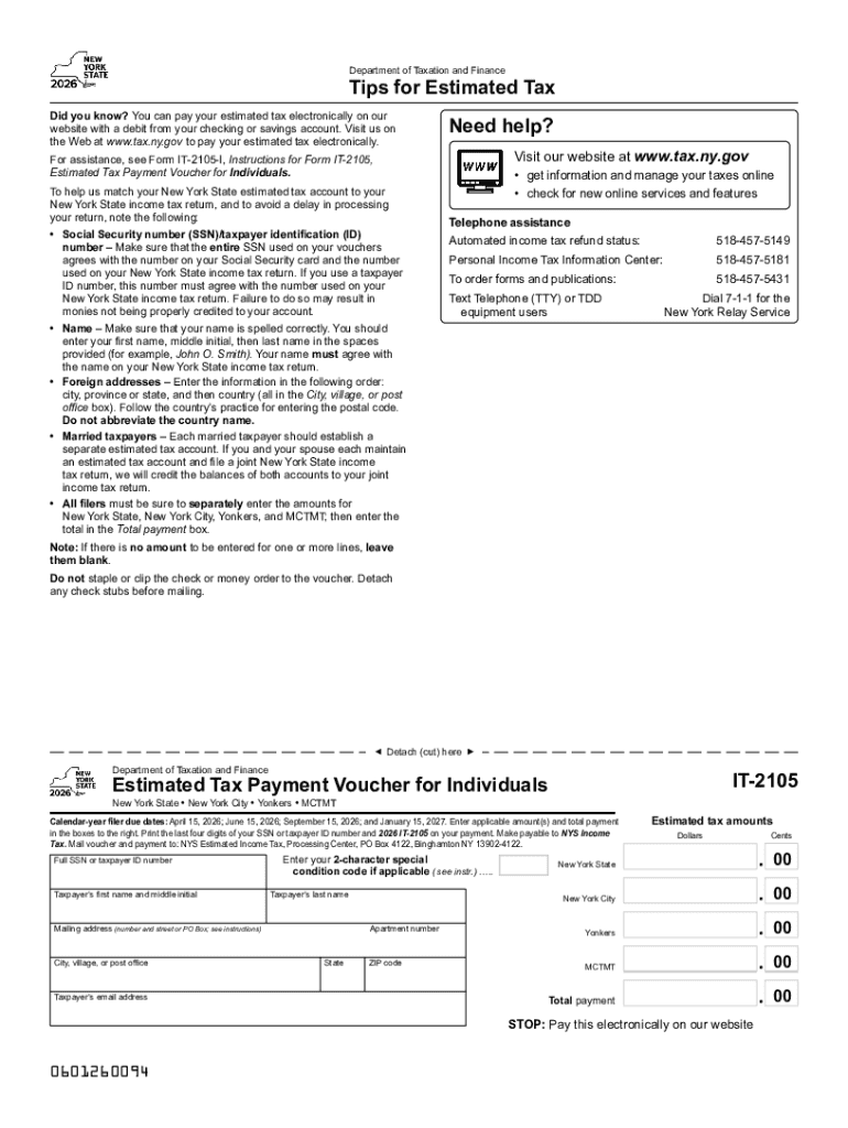 Form IT-2105 Estimated Income Tax Payment Voucher Tax Year 2026 Preview on Page 1