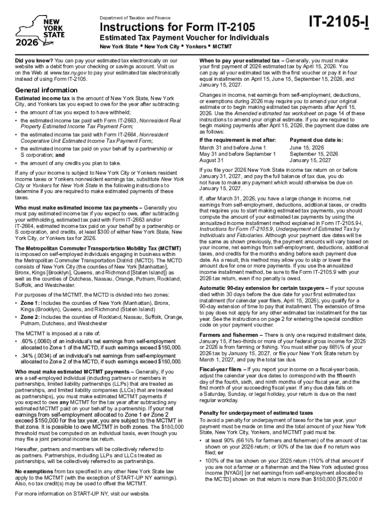 Instructions for Form IT-2105 Estimated Tax Payment Preview on Page 1