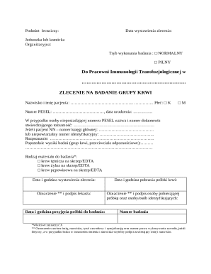 Blood Group Test Order Form